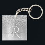 Silver Brushed Metal Glitter Monogram Name Keychain<br><div class="desc">Easily personalize this trendy chic keychain design featuring pretty silver sparkling glitter on a silver brushed metallic background.</div>