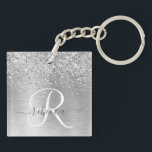 Silver Brushed Metal Glitter Monogram Name Keychain<br><div class="desc">Easily personalize this trendy chic keychain design featuring pretty silver sparkling glitter on a silver brushed metallic background.</div>