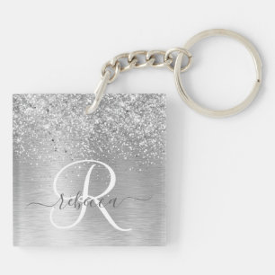 Silver Brushed Metal Glitter Monogram Name Keychain