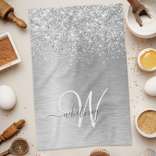 Silver Brushed Metal Glitter Monogram Name Kitchen Towel