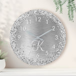 Silver Brushed Metal Glitter Monogram Name Large Clock<br><div class="desc">Easily personalize this trendy chic wall clock design featuring pretty silver sparkling glitter on a silver brushed metallic background.</div>