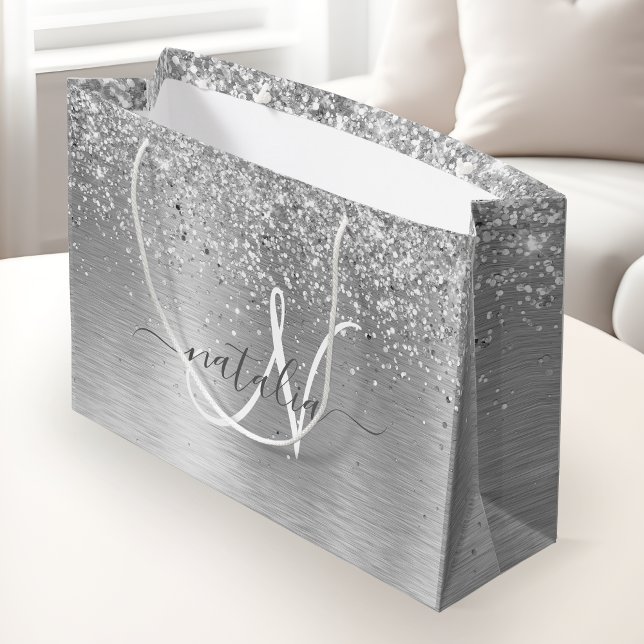 Silver Brushed Metal Glitter Monogram Name Large Gift Bag (Creator Uploaded)