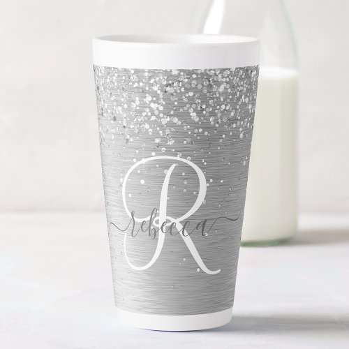 Silver Brushed Metal Glitter Monogram Name Latte Mug