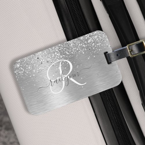 Silver Brushed Metal Glitter Monogram Name Luggage Tag