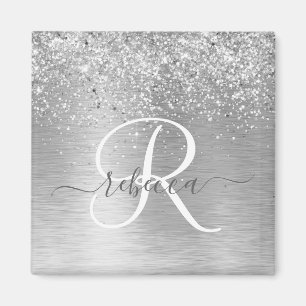 Silver Brushed Metal Glitter Monogram Name Magnet