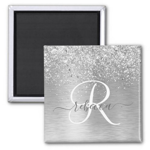 Silver Brushed Metal Glitter Monogram Name Magnet