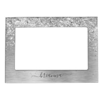 Silver Brushed Metal Glitter Monogram Name Magnetic Frame