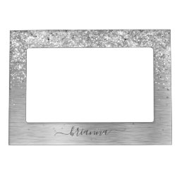 Silver Brushed Metal Glitter Monogram Name Magnetic Frame
