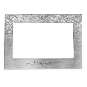 Silver Brushed Metal Glitter Monogram Name Magnetic Frame