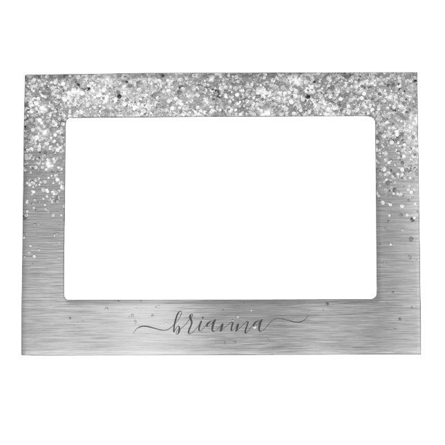 Silver Brushed Metal Glitter Monogram Name Magnetic Frame (Front)