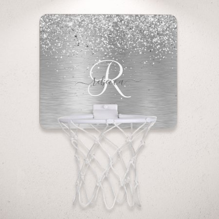 Silver Brushed Metal Glitter Monogram Name Mini Basketball Hoop
