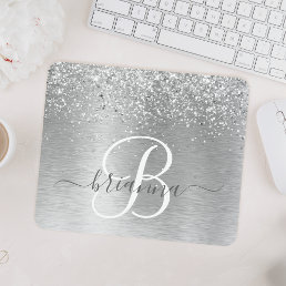Silver Brushed Metal Glitter Monogram Name Mouse Pad