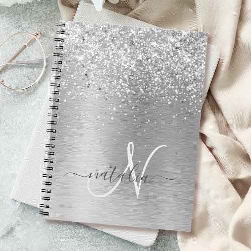 Silver Brushed Metal Glitter Monogram Name Notebook