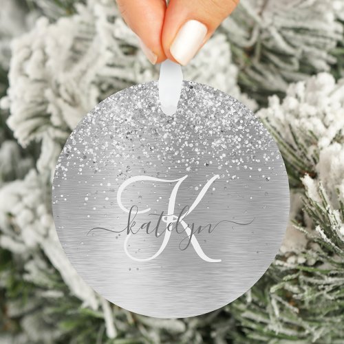 Silver Brushed Metal Glitter Monogram Name Ornament