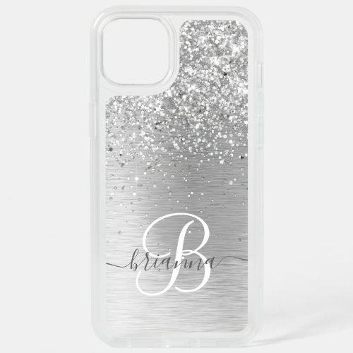 Silver Brushed Metal Glitter Monogram Name iPhone 15 Plus Case