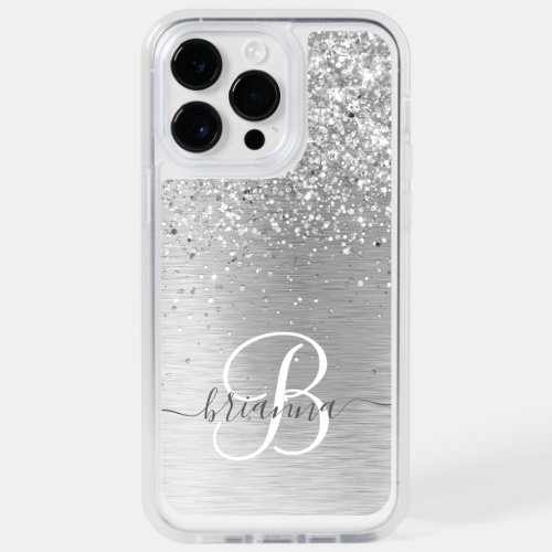 Silver Brushed Metal Glitter Monogram Name OtterBox iPhone 14 Pro Max Case