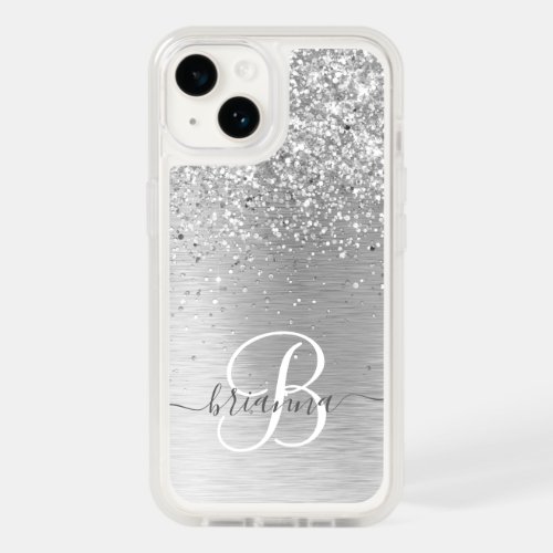 Silver Brushed Metal Glitter Monogram Name OtterBox iPhone 14 Case