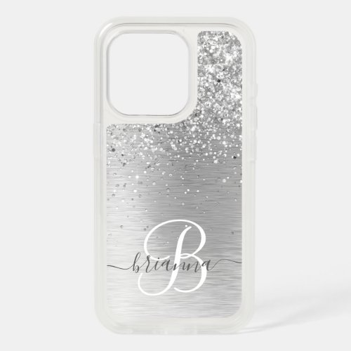 Silver Brushed Metal Glitter Monogram Name iPhone 15 Pro Case