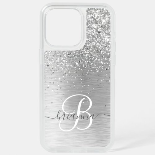 Silver Brushed Metal Glitter Monogram Name iPhone 15 Pro Max Case