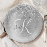 Silver Brushed Metal Glitter Monogram Name Paper Plates<br><div class="desc">Easily personalize this trendy chic paper plates design featuring pretty silver sparkling glitter on a silver brushed metallic background.</div>