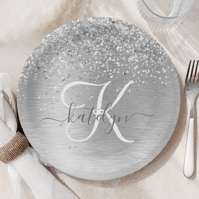 Silver Brushed Metal Glitter Monogram Name Paper Plates (Creator Uploaded)