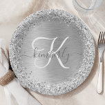 Silver Brushed Metal Glitter Monogram Name Paper Plates<br><div class="desc">Easily personalize this trendy chic paper plate design featuring pretty silver sparkling glitter on a silver brushed metallic background.</div>