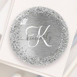 Silver Brushed Metal Glitter Monogram Name Paperweight