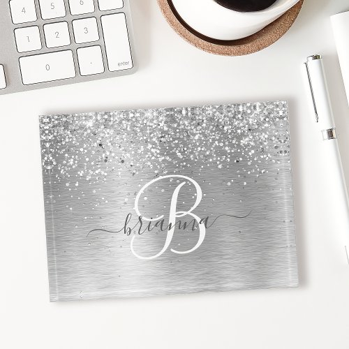 Silver Brushed Metal Glitter Monogram Name Paperweight