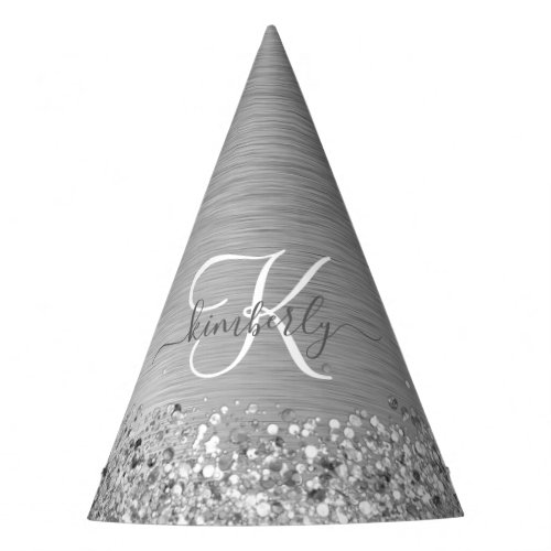 Silver Brushed Metal Glitter Monogram Name Party Hat