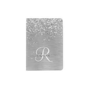 Silver Brushed Metal Glitter Monogram Name Passport Holder