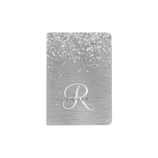 Silver Brushed Metal Glitter Monogram Name Passport Holder (Front)