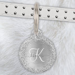 Silver Brushed Metal Glitter Monogram Name Pet ID Tag<br><div class="desc">Easily personalize this trendy pet ID tag design featuring pretty silver sparkling glitter on a silver brushed metallic background.</div>