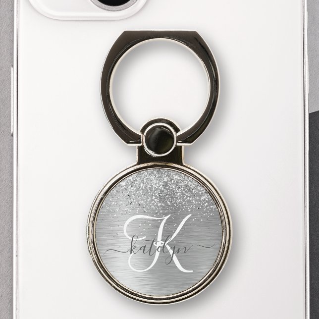 Silver Brushed Metal Glitter Monogram Name Phone Ring Stand (Creator Uploaded)