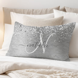Silver Brushed Metal Glitter Monogram Name Pillow Case