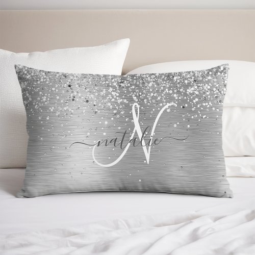 Silver Brushed Metal Glitter Monogram Name Pillow Case