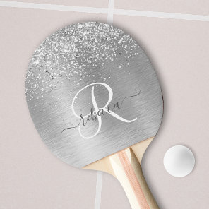 Silver Brushed Metal Glitter Monogram Name Ping Pong Paddle