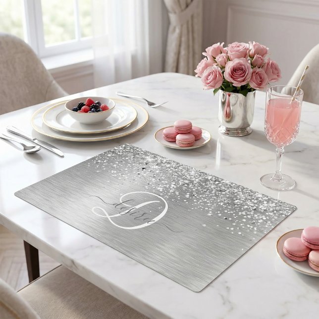 Silver Brushed Metal Glitter Monogram Name Placemat (Creator Uploaded)