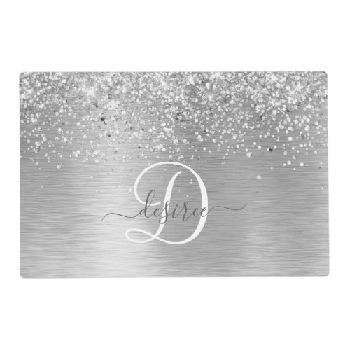 Silver Brushed Metal Glitter Monogram Name Placemat