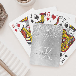 Silver Brushed Metal Glitter Monogram Name Playing Cards