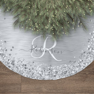 Silver Brushed Metal Glitter Monogram Name Polyester Tree Skirt