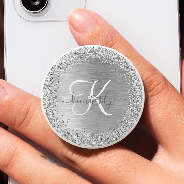 Silver Brushed Metal Glitter Monogram Name PopSocket (Creator Uploaded)