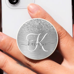 Silver Brushed Metal Glitter Monogram Name PopSocket