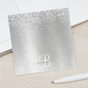 Silver Brushed Metal Glitter Monogram Name Post-it Notes