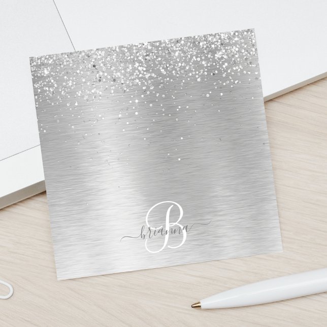 Silver Brushed Metal Glitter Monogram Name Post-it Notes (Creator Uploaded)