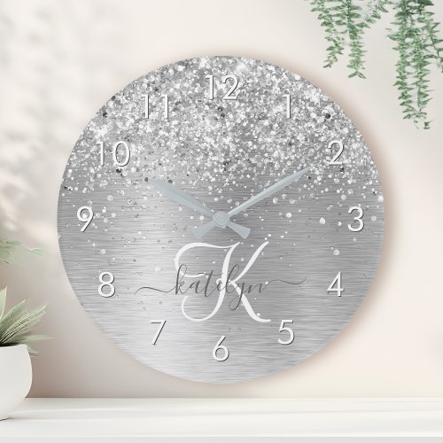 Silver Brushed Metal Glitter Monogram Name Round Clock