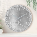 Silver Brushed Metal Glitter Monogram Name Round Clock<br><div class="desc">Easily personalize this trendy chic wall clock design featuring pretty silver sparkling glitter on a silver brushed metallic background.</div>