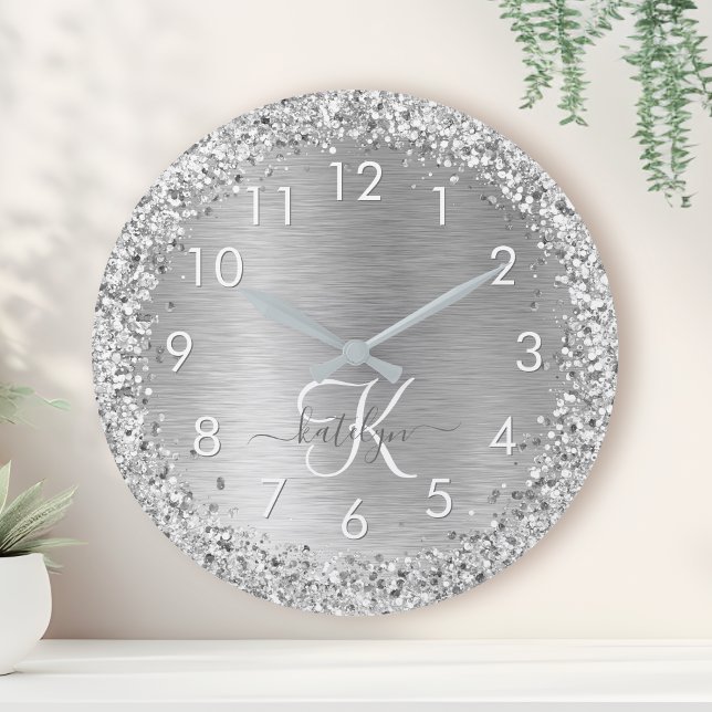 Silver Brushed Metal Glitter Monogram Name Round Clock (Creator Uploaded)