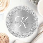Silver Brushed Metal Glitter Monogram Name Round Paper Coaster<br><div class="desc">Easily personalize this trendy coaster design featuring pretty silver sparkling glitter on a silver brushed metallic background.</div>
