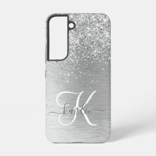 Silver Brushed Metal Glitter Monogram Name Samsung Galaxy S22 Case
