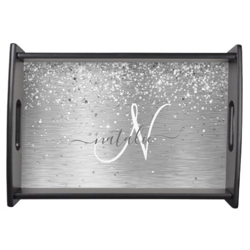 Silver Brushed Metal Glitter Monogram Name Serving Tray